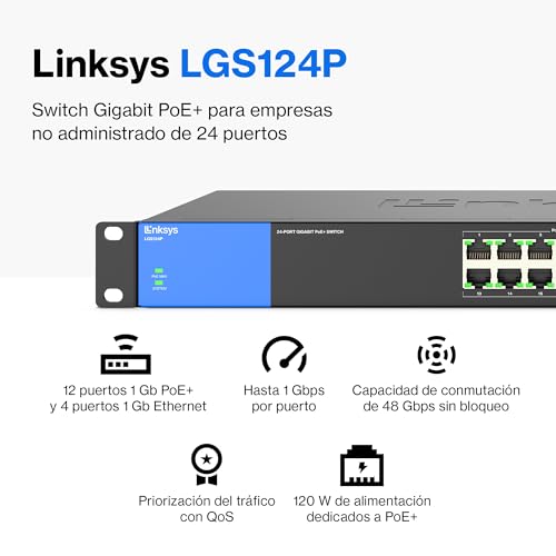Linksys LGS124P-EU switch PoE de red no administrado Gigabit de 24 puertos con 12 puertos PoE+ de 120 W para empresas, videovigilancia IP, conmutador y concentrador Ethernet con carcasa metálica