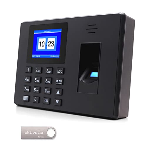 Aktivstar Control Horario Empleados, Reloj de Fichar con Pantalla LCD, Memoria USB de 8GB, Máquina de Asistencia Biométrica con Capacidad de 1000 Huellas, Sistema Española
