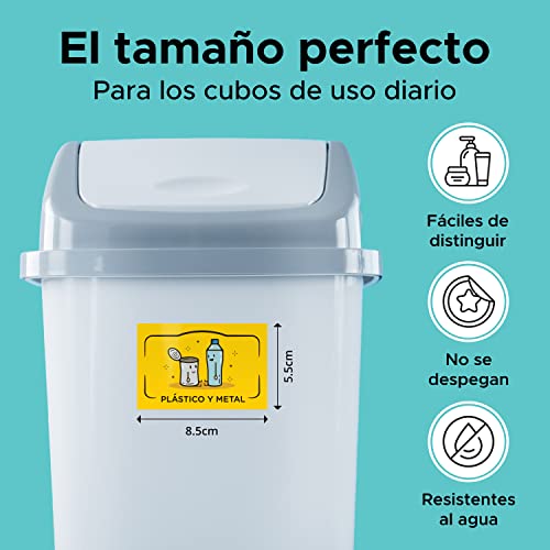 Rekay - Pegatinas para el Reciclaje - 5 Etiquetas para el Reciclaje de Basura con Guía Incluída, No Se Despegan, Diferencia cada Cubo de Basura con Adhesivos en Español de 8,5x5,5 cm cada uno