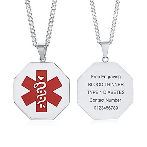 Vnox Collar Pendiente de la identificación médica de la identificación de la Etiqueta Octogonal del Acero Inoxidable,Grabado Libre