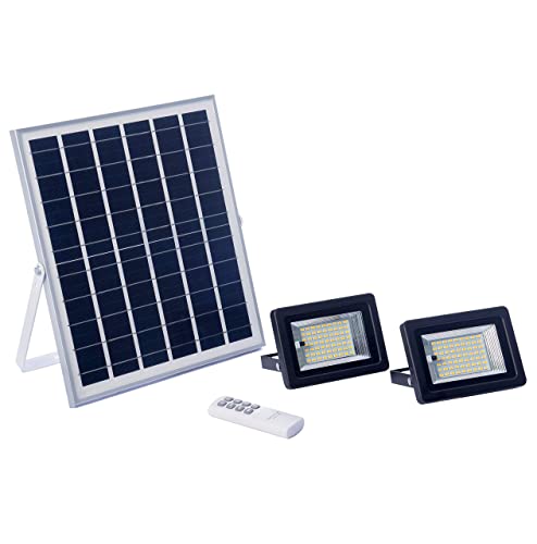ELEDCO Focos LED Solares 64W, Luces Exterior con Panel Solar, Batería, Mando a Distancia, Autonomía 8-15 Horas (2 Focos, 64W, Luz Neutra 4000K)