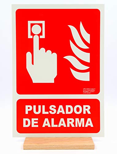 Seribas Señal Pulsador de Alarma, Fotoluminiscente Clase B, Cartel PVC 0,7 mm. Tamaño A4 21 x 30 cm, Homologado, Contra Incendios.