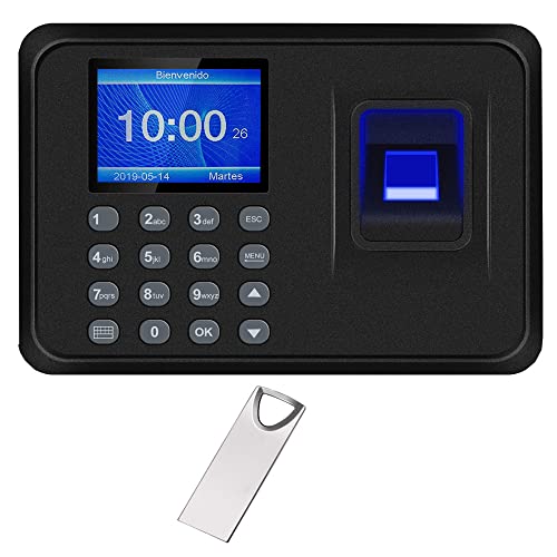 Máquina de Asistencia,Máquina Fichar de Asistencia Biométrica de Huella Dactilar con Sistema Española Pantalla LCD,Capacidad de 100.000 Registros,2.4 Pulgadas,con 8G Disco U