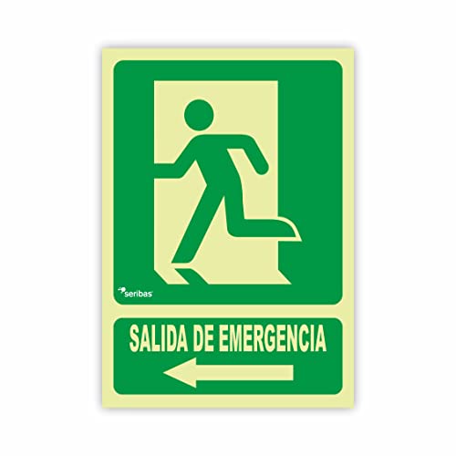 Seribas Señal Evacuación Salida de Emergencia Izquierda, Cartel de PVC 0,7 mm 22,4 x 30 cm Tinta y Material Resistente Interiores y Exteriores