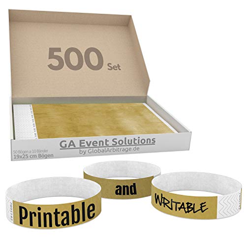 GA Event Solutions 500 bandas de acceso de Tyvek para diseñar e imprimir en color dorado, pulseras de acceso para fiestas, festivales, eventos