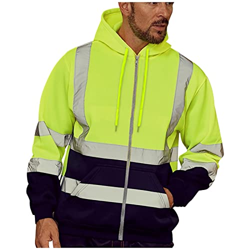 Duohropke Chaqueta de seguridad para hombre con rayas reflectantes, ropa de trabajo en la calle, chaqueta de trabajo de manga larga, sudadera con capucha, sudadera de advertencia de alta visibilidad,