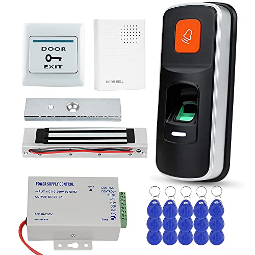 KUMU Sistema de Control de Acceso Biométrico de Huellas Dactilares RFID+Bloqueo Magnético de 180KG+Timbre + 15pcsde Llaveros para el Hogar/la Oficina