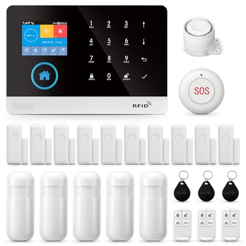 Sistema de Alarma de Seguridad para el hogar WiFi+gsm, Kit de Alarma con Detector PIR, Controles remotos, Sensor de Puerta/Ventana Compatible con Alexa, SIN Tarifa mensual