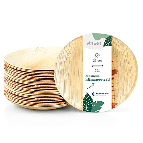 Wiseware Platos desechables, 25 unidades, 23 cm de diámetro, platos de hoja de palma biodegradables, platos compostables, platos desechables ecológicos