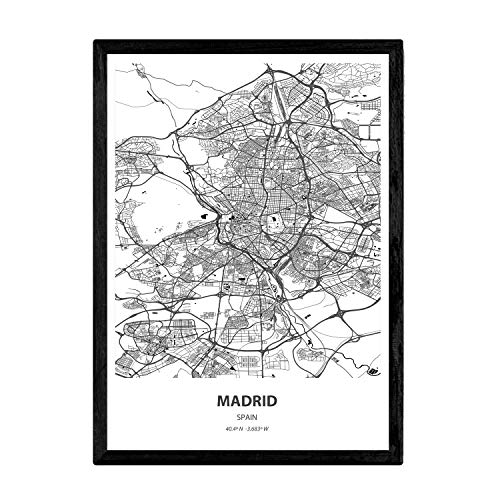 Nacnic Poster con mapa de Madrid - España. Láminas de ciudades de España con mares y ríos en color negro. Tamaño A4