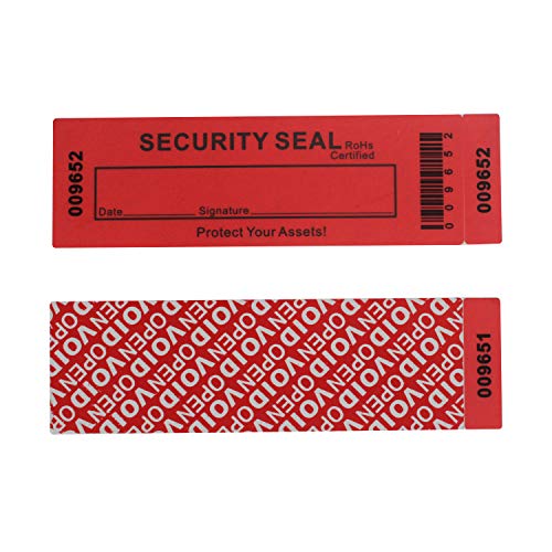 Paquete de 50 pegatinas de transferencia total 100% evidente garantÃ­a de seguridad anuladas / etiquetas/sellos (rojo, grande, 35 x 120 mm, nÃºmeros de serie triples - TamperSTOP)
