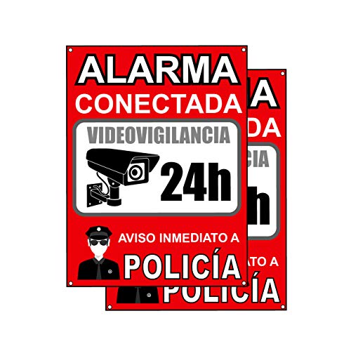 Cartel videovigilancia - Placa alarma conectada - Carteles zona videovigilada - Aviso a la Policía 20x15 cm Rojo Interior/Exterior (2 Piezas cartel videovigilancia)