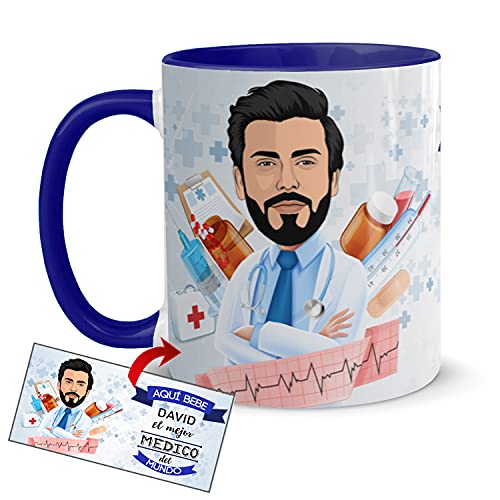 Kembilove Taza Personalizada Caricatura y Nombre – Taza de Café Aquí Bebe el Mejor Médico del Mundo – Taza de Desayuno para la Oficina para Profesiones
